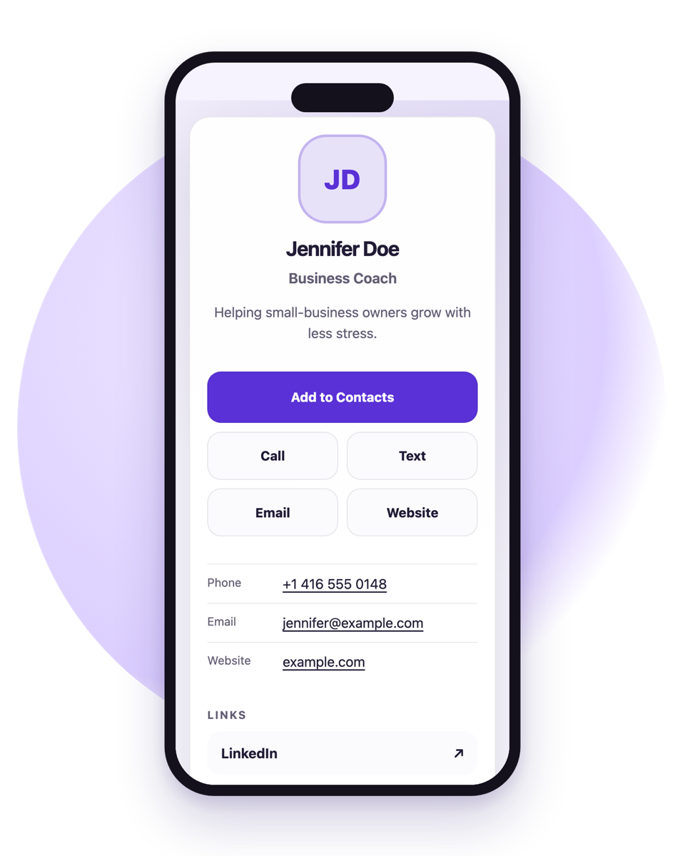 A QE Cards business card page open in a phone browser