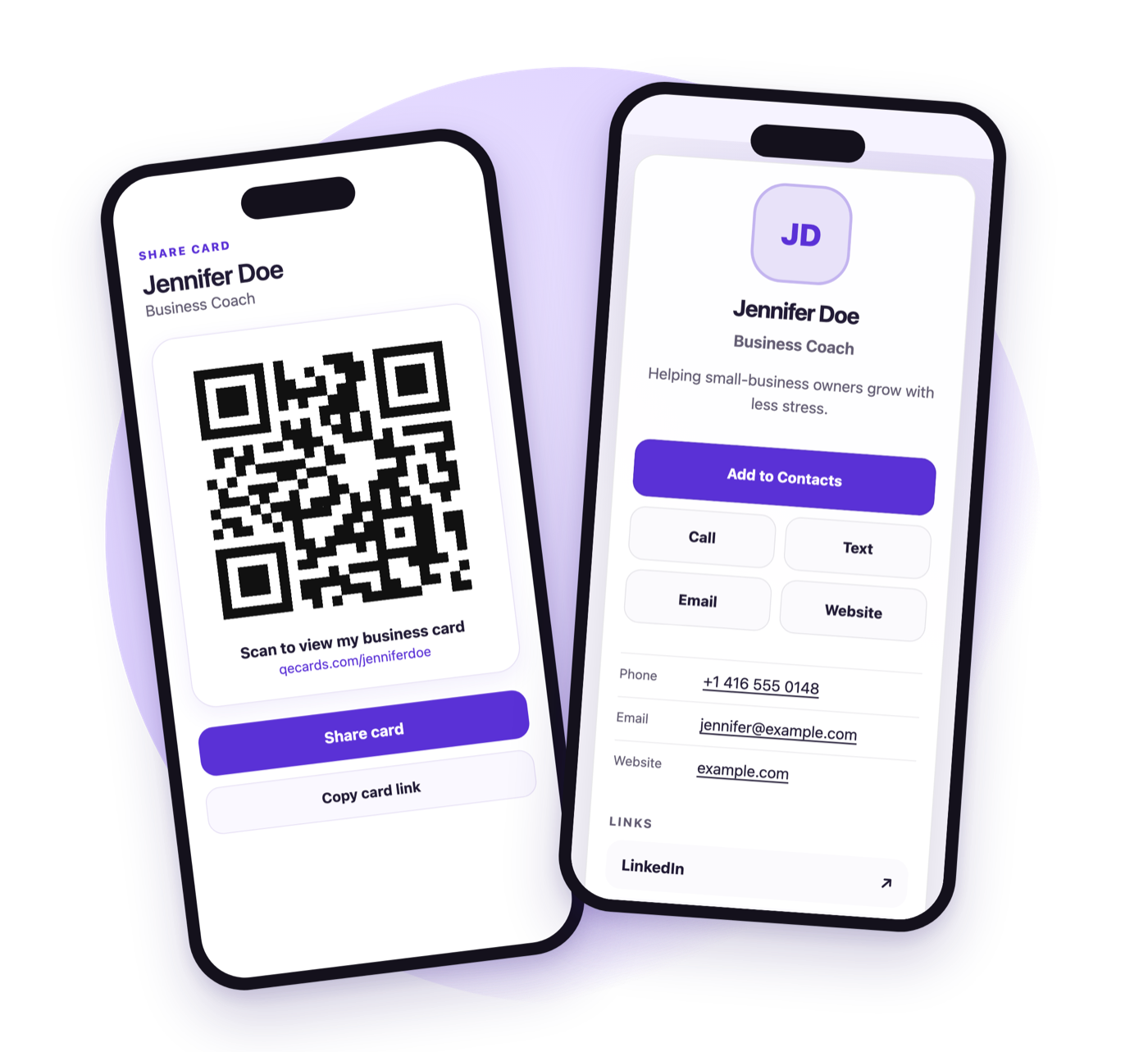 QE Cards app showing a QR code next to the card page it opens